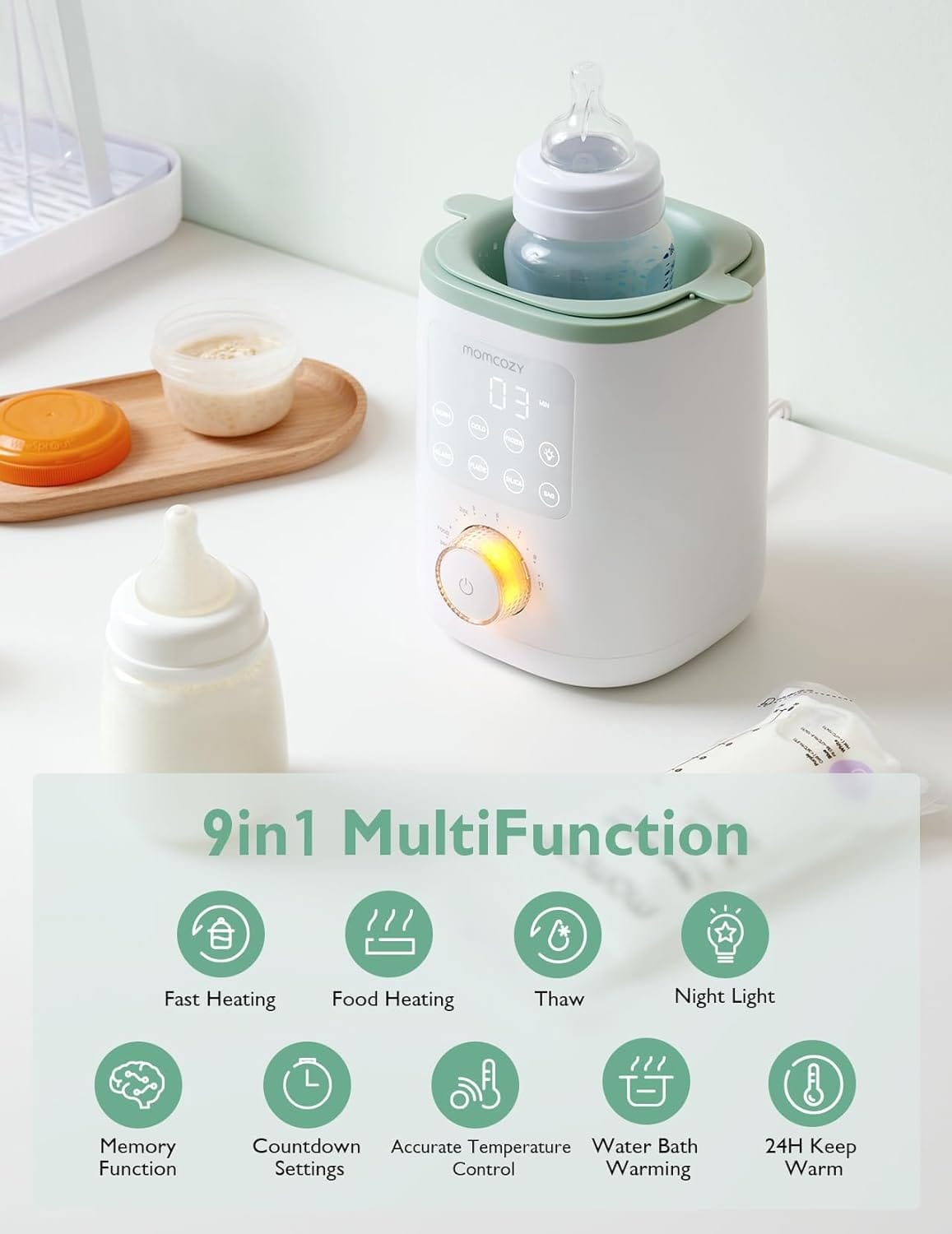 Momcozy 9in1 Baby Bottle Warmer with Night Light, Accurate