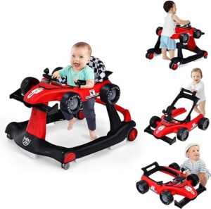 BABY JOY 4-in-1 Racing Car Baby Walker, Foldable Activity Walker with Adjustable Height & Speed, Music, Lights  &, Anti-Rollover