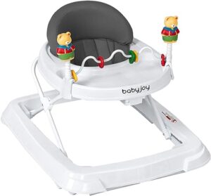 BABY JOY Baby Walker, Foldable Activity Walker Helper with Adjustable Height, Baby Activity Walker with High Back Padded Seat & Bear Toys, Gray