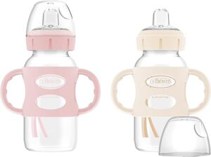 Dr. Brown's Milestones Wide-Neck Sippy Spout Bottle with 100% Silicone Handles, Easy-Grip Handles with Soft Sippy Spout, 9oz/270mL, Light-Pink & Ecru, 2-Pack, 6m+
