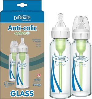 Dr. Brown's Natural Flow Anti-Colic Options+ Narrow Glass Baby Bottle 8 oz/250 mL, with Level 1 Slow Flow Nipple, 2 Pack, 0m+
