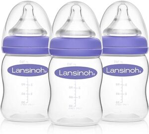 Lansinoh Anti-Colic Baby Bottles for Breastfeeding Babies, 5 Ounces, 3 Count, Includes 3 Slow Flow Nipples, Size S