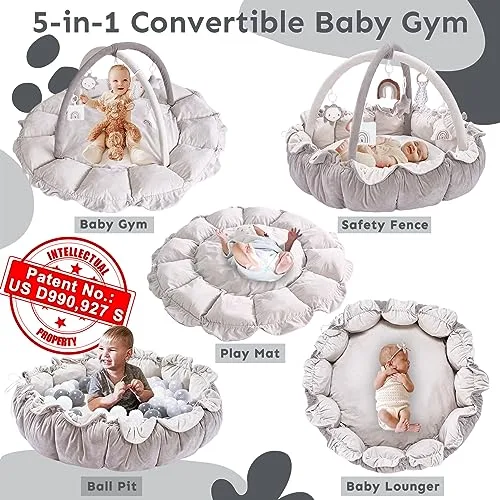 5-in-1 Thick Plush Baby Play Gym Baby Play Mats for Floor Tummy Time Mat with 6 Toys Cat Bed Dog Bed Convertible Stage-Based Developmental from Baby to Toddler Ball Pit | Babyz Corner