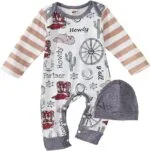 BOUTIKOME Infant Baby Boy Outfit Retro Cowboy Partner Howdy Graphic Romper Newborn Onesie Jumpsuit Hat 2Pcs Set | Babyz Corner