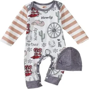 BOUTIKOME Infant Baby Boy Outfit Retro Cowboy Partner Howdy Graphic Romper Newborn Onesie Jumpsuit Hat 2Pcs Set | Babyz Corner