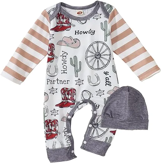 BOUTIKOME Infant Baby Boy Outfit Retro Cowboy Partner Howdy Graphic Romper Newborn Onesie Jumpsuit Hat 2Pcs Set | Babyz Corner