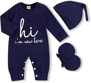 Newborn Baby Boy Romper Coming Home Outfits Letter Print Bodysuit with Hat & Gloves
