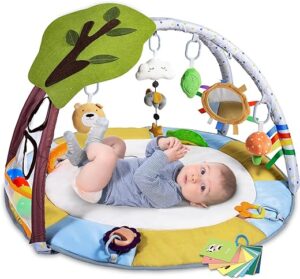 Baby Gym Play Mat with 9 Toys for Sensory and Motor Skill Development - Language Discovery, Thick Non-Slip Activity Ball Pit