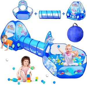 PigPigPen 3 in 1 Kids Play Tent with Tunnel, Ball Pit, Basketball Hoop