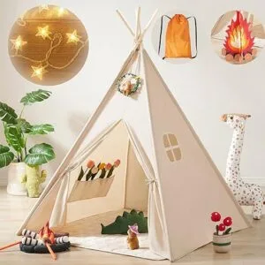Tiny Land Kids-Teepee-Tent with Lights Campfire Toy Carry Case Natural Cotton Canvas Toddler Tent - Washable Foldable Teepee Tent for Kids Indoor Tent Outdoor Play Tent | Babyz Corner