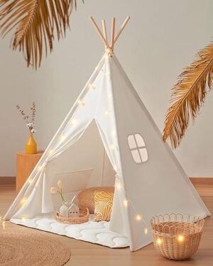 Tiny Land Teepee Tent for Kids - 100% Cotton Play Tent with Padded Mat, Star Lights, and Carry Bag