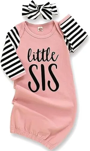 Little Sister Sleeper Gown with Stripe Long Sleeve Nightgown