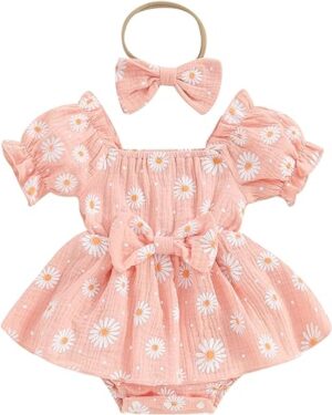 Girls Short Sleeve Daisy Onesie with Bowknot and Headband