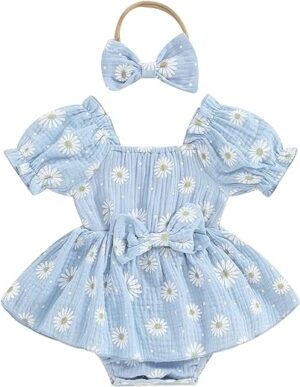 Girls Daisy Romper with Bowknot & Headband