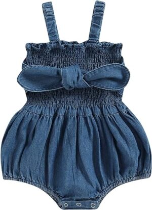 Summer Denim Onesie with Bowknot Style