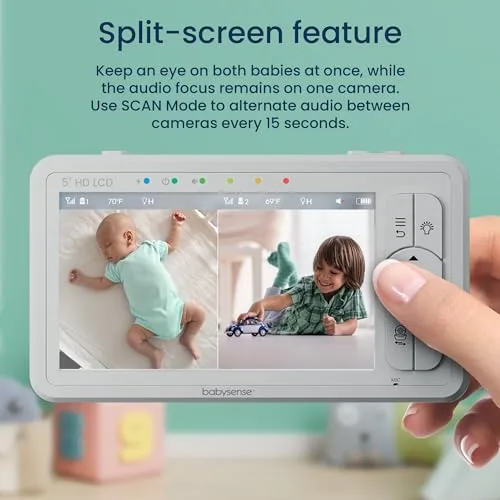 Babysense 5 HD Split-Screen Baby Monitor Video Baby Monitor with 2 Cameras and Audio Night Light 960ft Range Two-Way Audio 4X Zoom Night Vision 4000mAh Battery | Babyz Corner