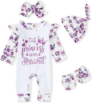 Beautiful Floral Girls Romper with Hat+Headband+Gloves
