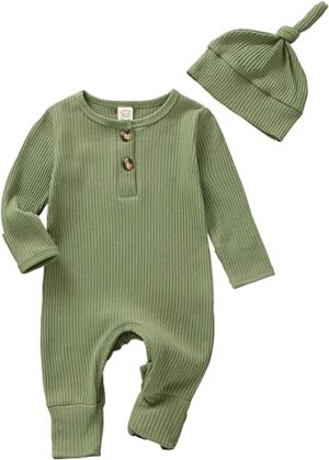 Girls Ribbed Knit Long Sleeve Romper with Buttons