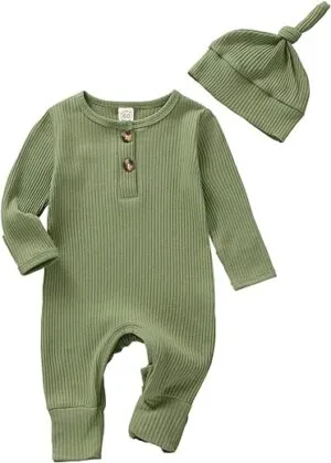 Girls Ribbed Knit Long Sleeve Romper with Buttons