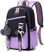 FENGDONG Teenage Girls Bookbag School Backpack Children Casual Daypack Schoolbag for Teens Black Purple
