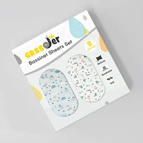 GRSSDER Stretchy Ultra Soft Fitted Bassinet Sheet Set 2 Pack Universal Fit for Bassinets Baby Cradle Moses Basket Oval Rectangle PadMattress Happy Dinosaurs Bassinet Sheets | Babyz Corner GRSSDER Stretchy Ultra Soft Fitted Bassinet Sheet Set 2 Pack, Universal Fit for Bassinets Baby Cradle Moses Basket Oval Rectangle Pad/Mattress, Happy Dinosaurs Bassinet Sheets...