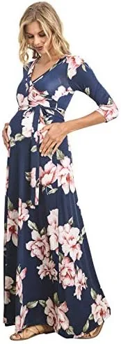 HELLO MIZ Women's Faux Wrap Maxi Maternity Dress with Belt - Made in USA
