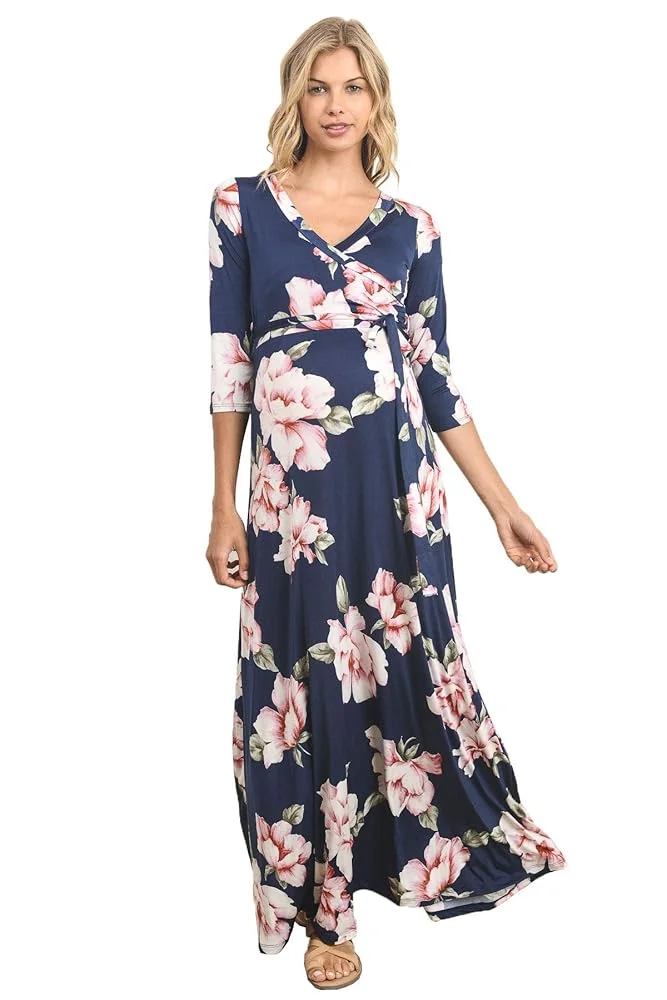HELLO MIZ Women's Faux Wrap Maxi Maternity Dress with Belt - Made in USA