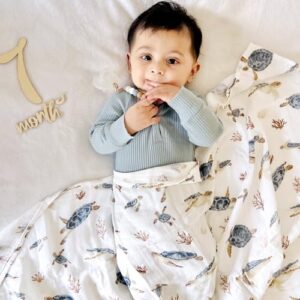 LifeTree Muslin Swaddle Blankets Neutral, Baby Swaddling Wrap Nursery Receiving Blanket for Boys & Girls, Soft 70% Viscose from Bamboo and 30% Cotton, Large 47 x 47 inches, Sea...