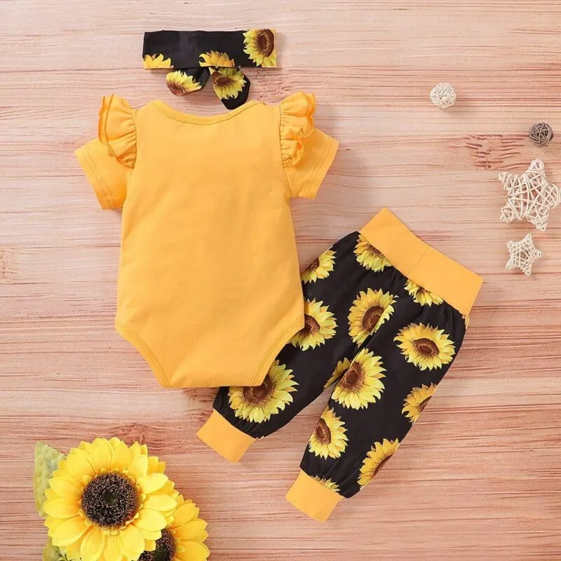 Baby Girl Ruffle Romper +Pants + Headband 3 PCS Outfits Set