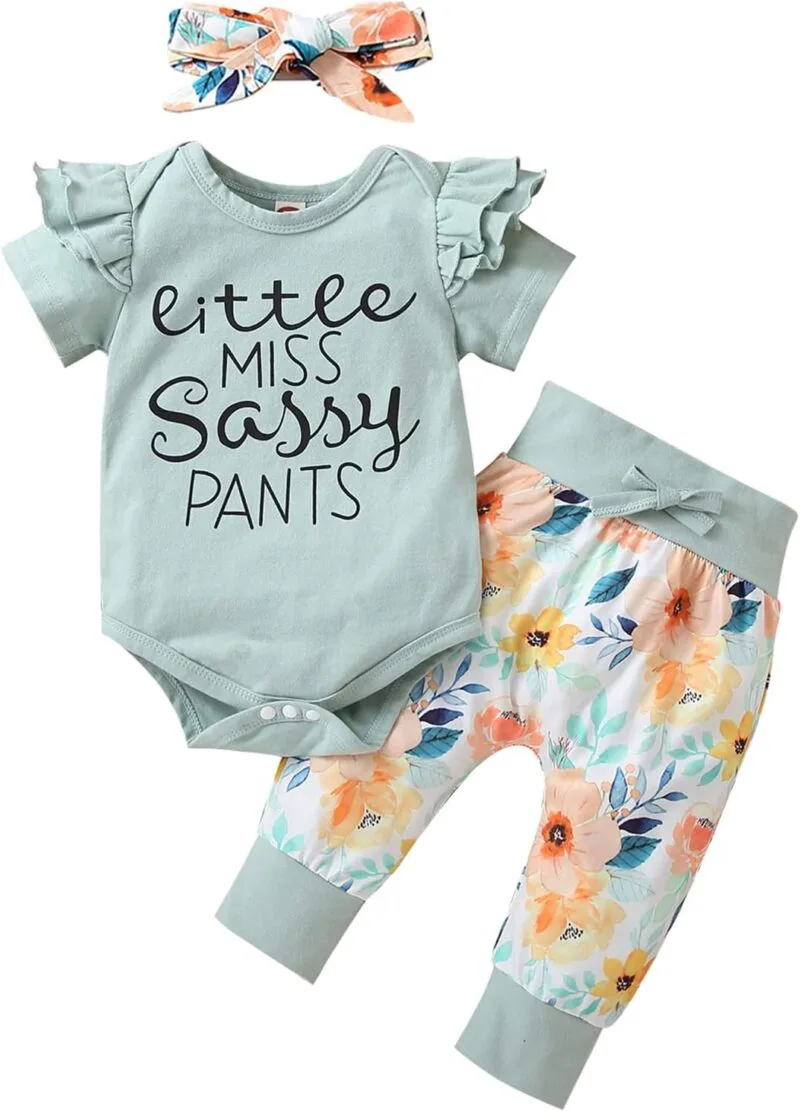 Baby Girl Ruffle Romper +Pants + Headband 3 PCS Outfits Set