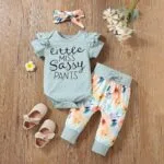 Baby Girl Ruffle Romper +Pants + Headband 3 PCS Outfits Set