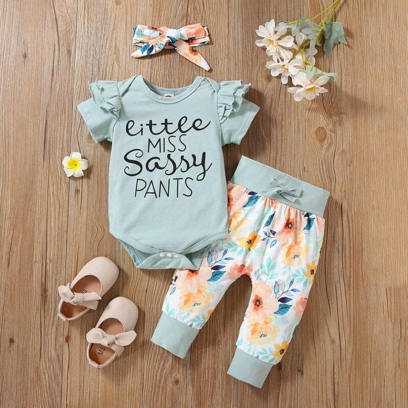 Baby Girl Ruffle Romper +Pants + Headband 3 PCS Outfits Set