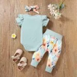 Baby Girl Ruffle Romper +Pants + Headband 3 PCS Outfits Set