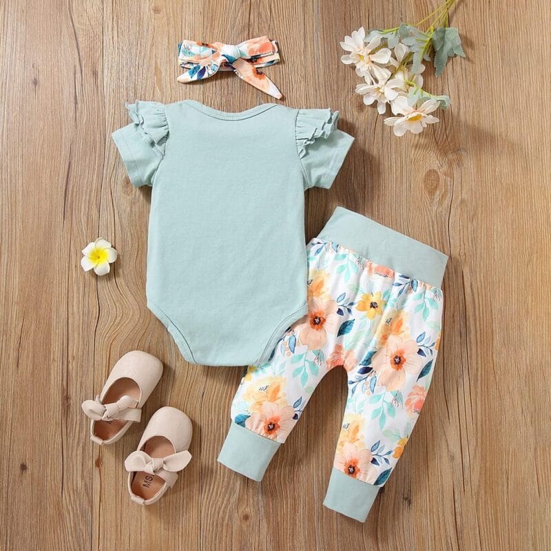 Baby Girl Ruffle Romper +Pants + Headband 3 PCS Outfits Set