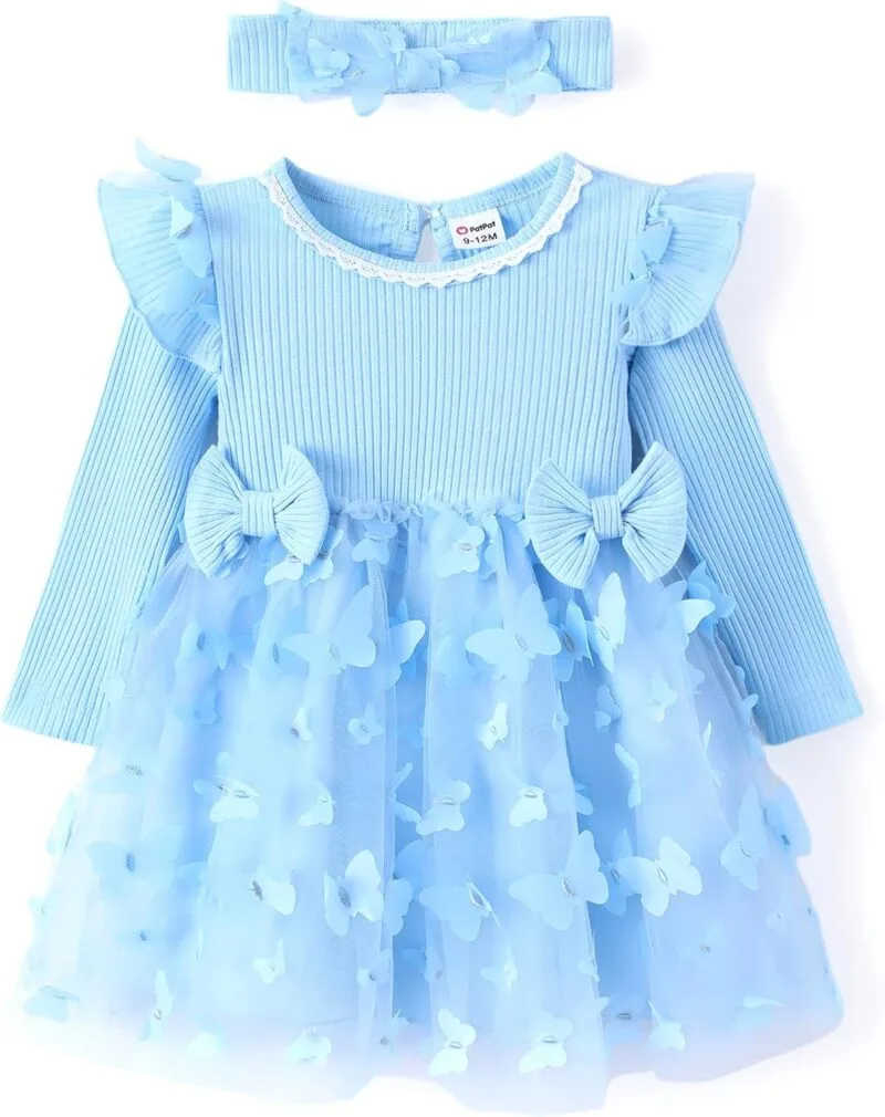 PATPAT Baby Girl Dresses Ruffle Sleeve Tutu Dress Butterfly Tulle Dress Flower Girl Party Birthday Princess Dresses