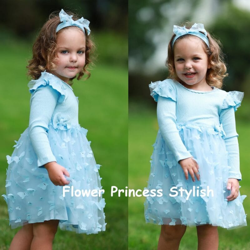 PATPAT Baby Girl Dresses Ruffle Sleeve Tutu Dress Butterfly Tulle Dress Flower Girl Party Birthday Princess Dresses