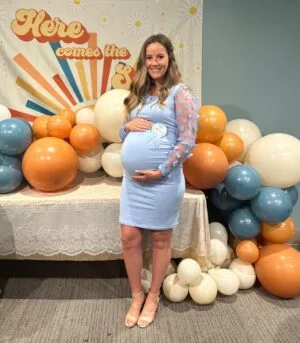 Floral Mesh Bishop Long Sleeve Maternity Midi Dress, Fall Maternity Bodycon Dress for Baby Shower/Photoshoot