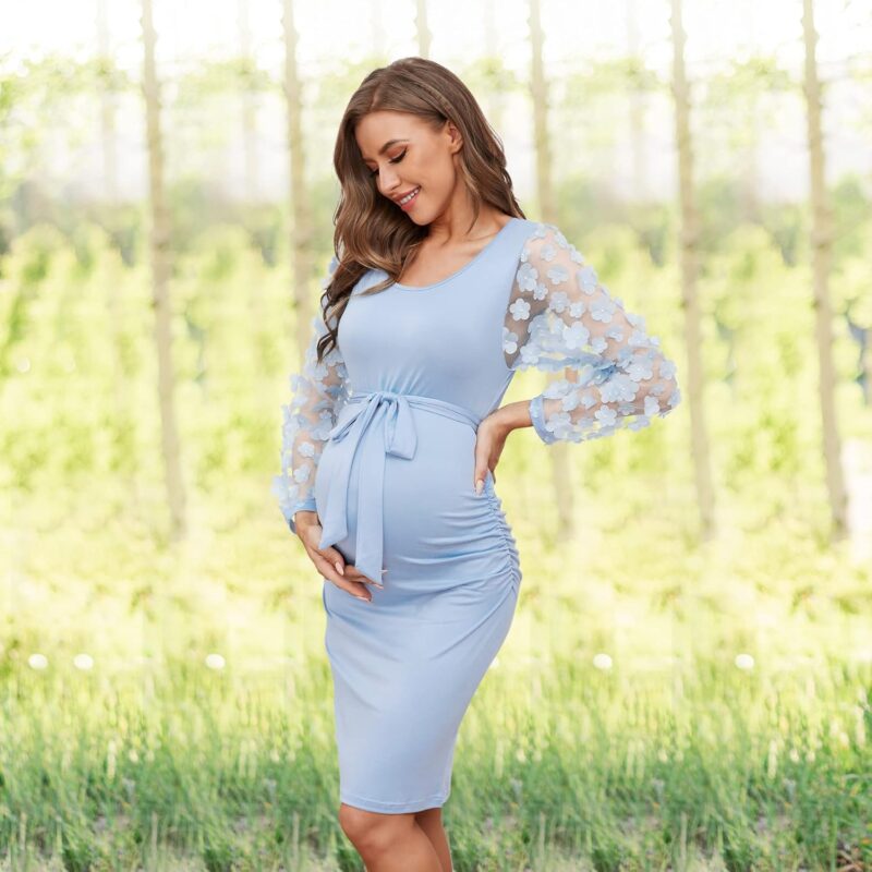 Floral Mesh Bishop Long Sleeve Maternity Midi Dress, Fall Maternity Bodycon Dress for Baby Shower/Photoshoot