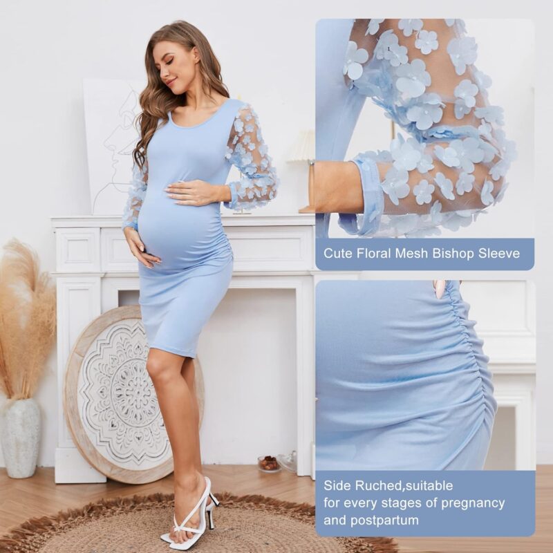 Floral Mesh Bishop Long Sleeve Maternity Midi Dress, Fall Maternity Bodycon Dress for Baby Shower/Photoshoot