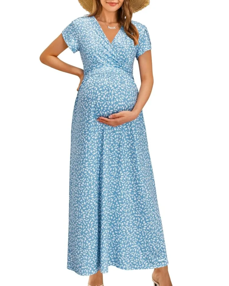 Babyz Corner Maternity Maxi Dress Wrap V Neck Baby Shower Pregnancy Dresses for Photoshoot