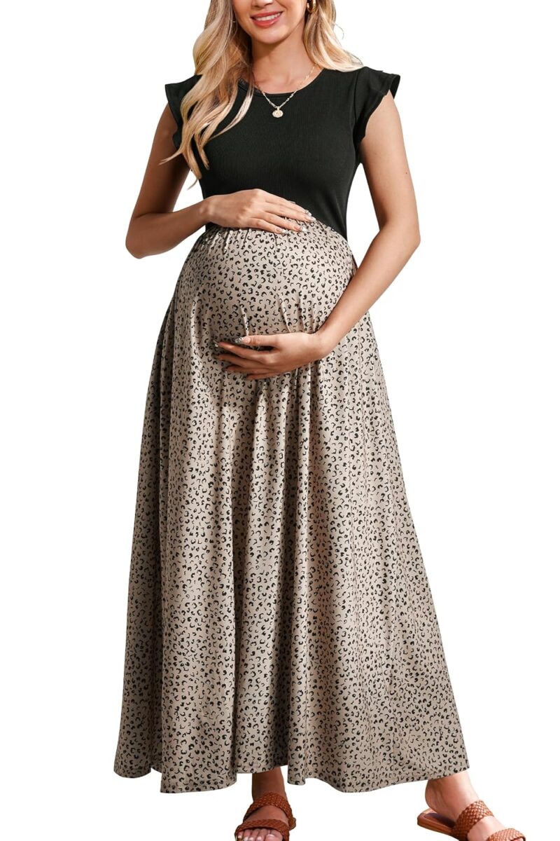 OUGES Women 2025 Spring Summer Dresses Maternity Sleeveless Ribbed Fashion Casual Outfits Maxi Dress with Pockets