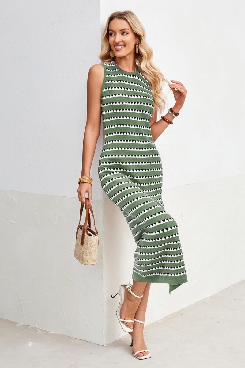 OUGES Women's 2025 Summer Maternity Dress Knit Sleeveless Crewneck Midi Dress Side Slit Striped Bodycon Sweater Dress