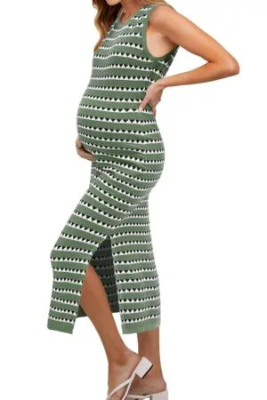 OUGES Women's 2025 Summer Maternity Dress Knit Sleeveless Crewneck Midi Dress Side Slit Striped Bodycon Sweater Dress