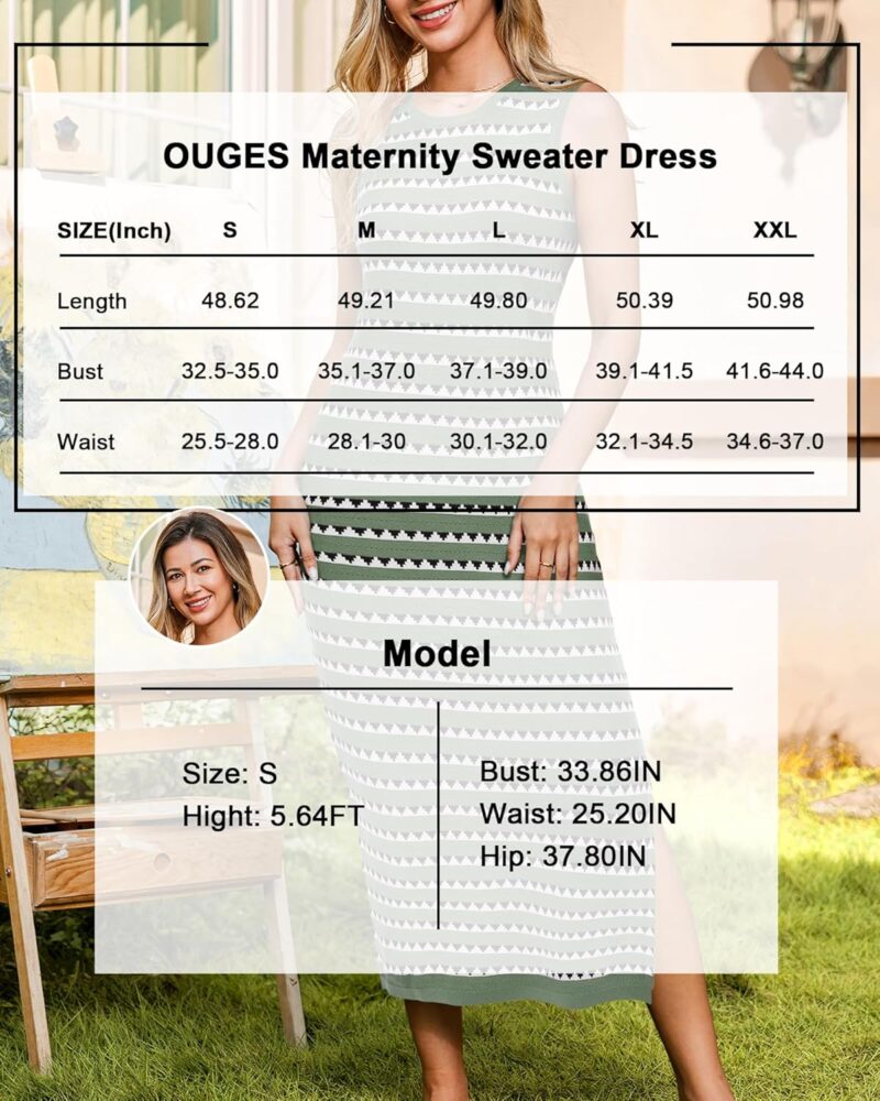 OUGES Women's 2025 Summer Maternity Dress Knit Sleeveless Crewneck Midi Dress Side Slit Striped Bodycon Sweater Dress