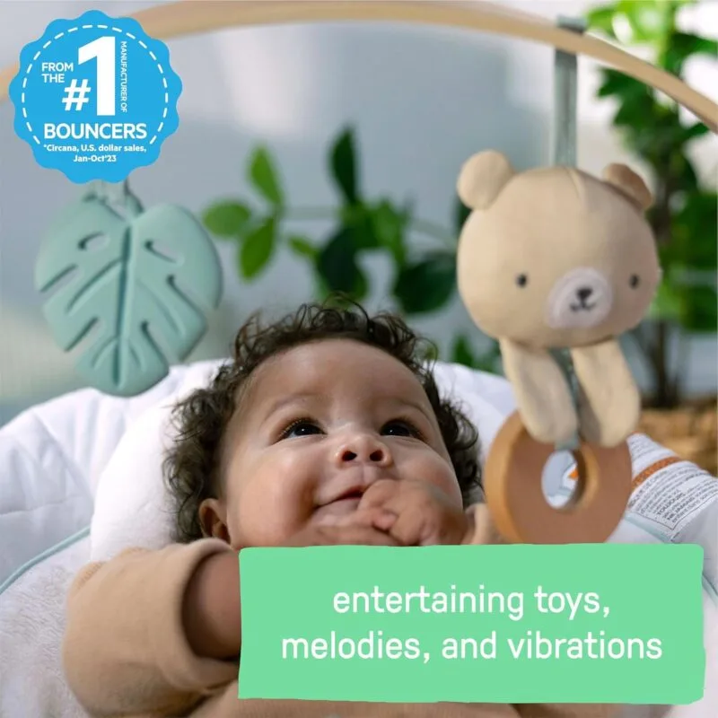 Ingenuity Soothing Baby Bouncer Infant Seat with Vibrations, -Toy Bar & Sounds, 0-6 Months Up to 20 lbs (Pink Flora the Unicorn)