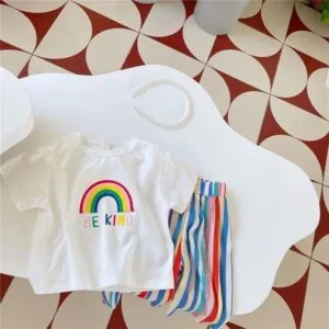 Girls 2-Piece Rainbow Outfit – Be Kind Rainbow T-Shirt & Colorful Pleated Pants Summer Set