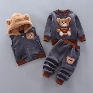 🧸 Baby Boys Winter Outfit – 3PCS Warm Teddy Bear Set