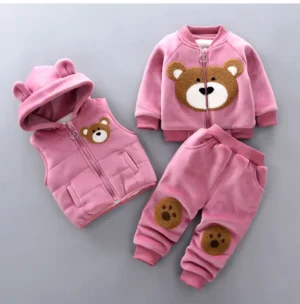 Teddy Bear Baby Girls Coat + Pants + Hooded Vest Outfit Set