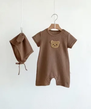 Summer Baby Romper with Bear Patch & Hat – Cotton  Jumpsuit
