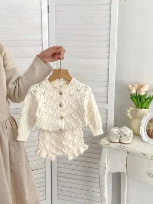 Baby Girl Knitted Clothing Set – Cardigan & Shorts Outfit (Autumn/Spring Wear)